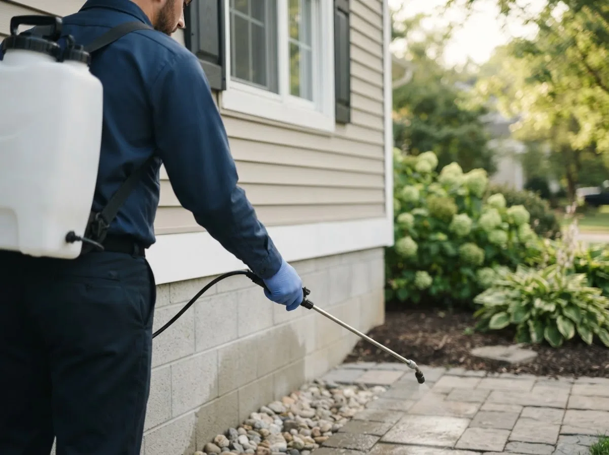 Pest control technician inspecting a home in Teutopolis, IL